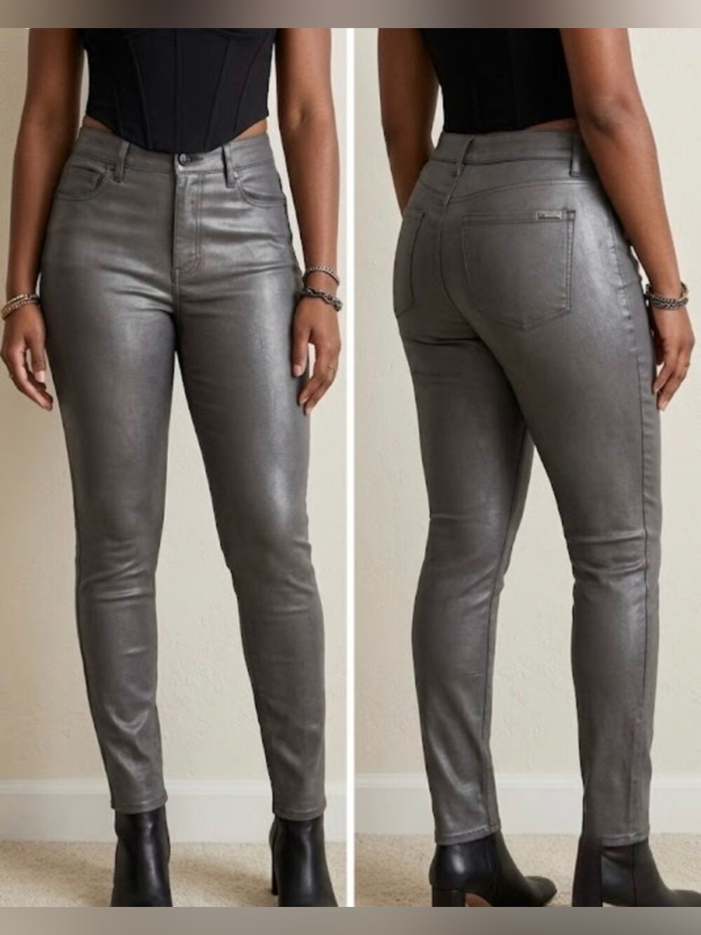 White House Black Market WHBM Coated Skinny Pants Gray Gunmetal High Rise Women
